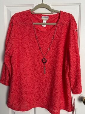 NWT- Alfred Dunner Women's Bright Peach Textured Long Sleeve Top with Necklace